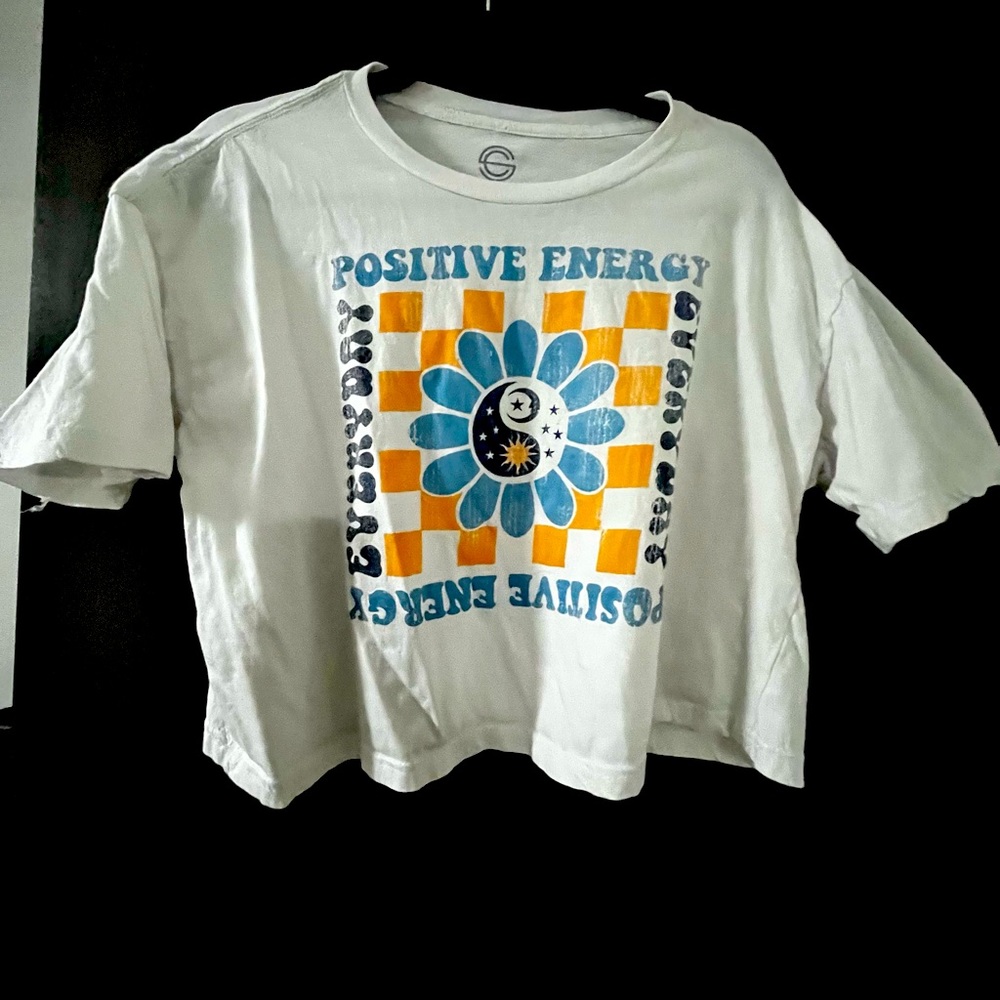 White crop top tee, positive energy , size large crop